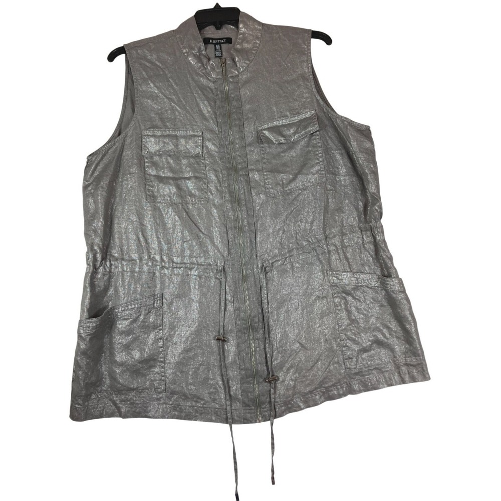 Ellen Tracy Women's Silver Metallic‎ Full Zip Cardigan Vest Size 2X 100% Linen